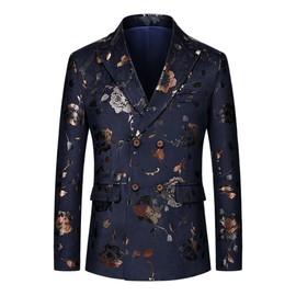 UNINUKOO Mens Floral Tuxedo Suit Jacket Casual Dress Party Flower Pattern Blazer for Men US Size 36 Double Breasted Navy
