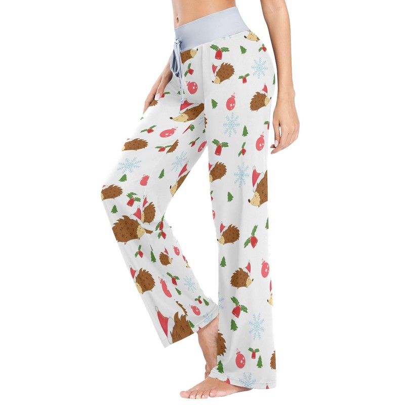 Cindly Cute Hedgehog with Christmas Hat Wide Leg Pajama Pants