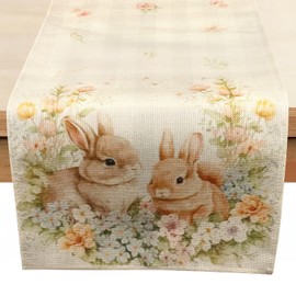 Runner da tavola pasquale decorazione pasquale – Runner da tavola con graziosi coniglietti pasquali e corona di fiori, tessuto lavabile e durevole per tavolo da pranzo, feste primaverili e cene di