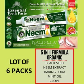 Essential Palace 6 PACKS- NEEM Toothpaste, Organic ingredients, Fluoride Free & Vegetable Base
