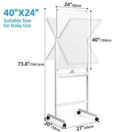 Mobile Whiteboard, 40"x24" Magnetic Dry Erase Board with Stand, Double-Sided Rolling Whiteboard with Aluminum Frame for Office, Home & School, White