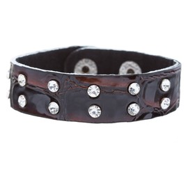 Accessoriesforever Crystal Studs Faux Alligator Leather Wristband Cuff Bracelet Snap Closure Brown