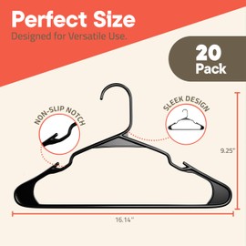 Campior Black Plastic Hangers 20 Pack Heavy-Duty, Space-Saving, Non-Slip, Durable PP Plastic Hangers for Slip Dresses, Suits, Jackets & Camisoles