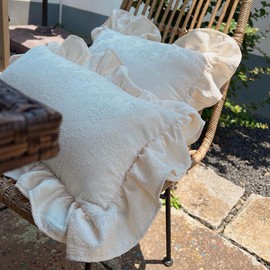 French Frilled Pillow Cover Vintage Court Style Throw Pillow Covers Custom Floral Jacquard Shabby Country Decor, Cottage Chic Decor, Creamy White,Gift for Her.18x18inch,1 Piece