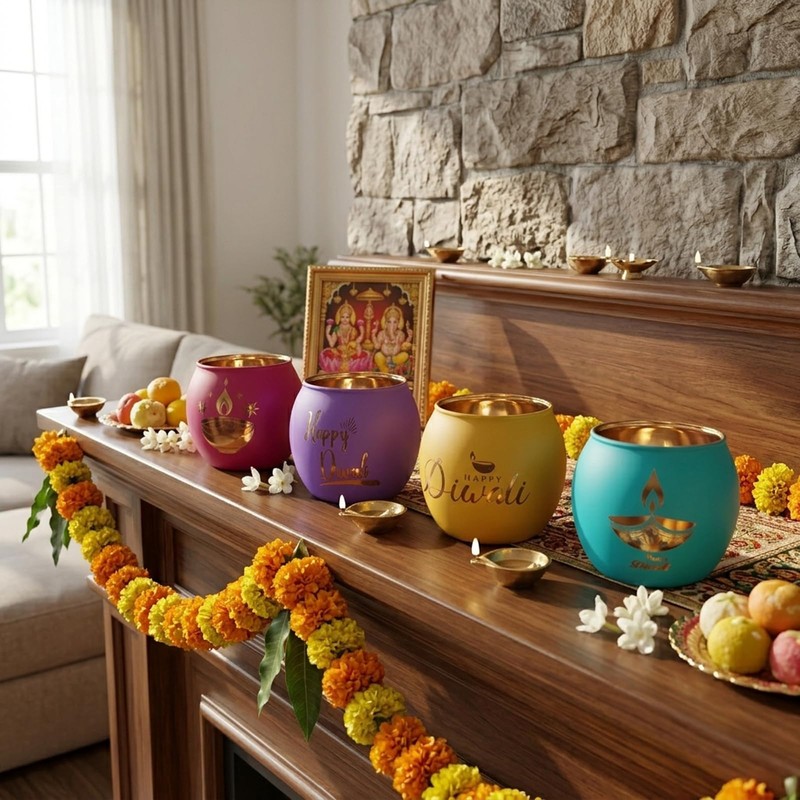 Glass Diwali Candle Holder - 4 Pcs Colorful Festival Tea