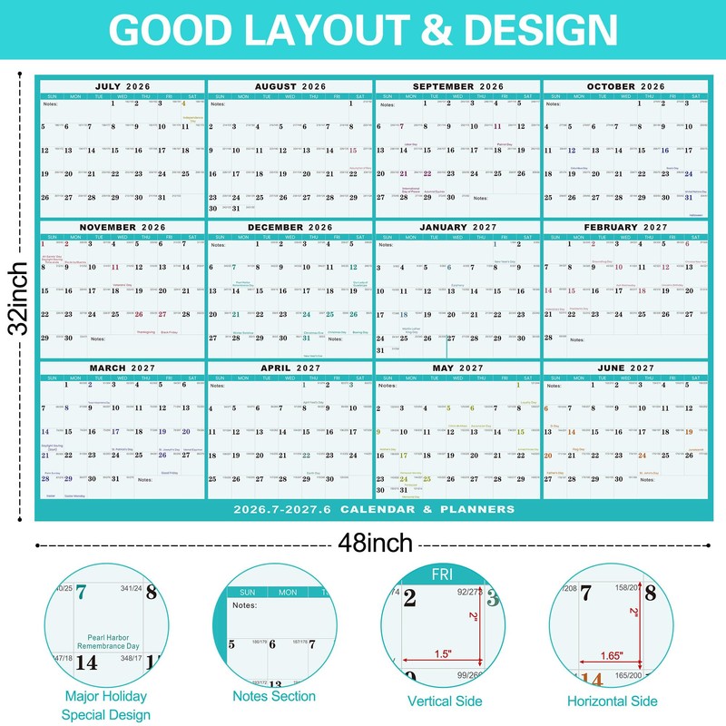 32"x48" Academic Wall Calendar 2026-2027, JUL 2026 - JUN 2027