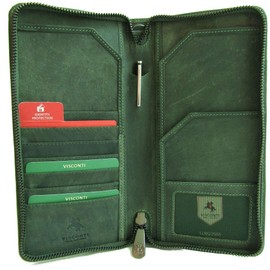 Visconti Wing Unisex Hunter Leather Travel Wallet for Passport ID Currency Card Pen Boarding Pass RFID Security Detachable Wrist Strap Style 728 (Oil Green)
