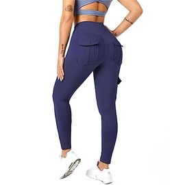 Women's Cargo Yoga Leggings with 4 Pockets High Waisted Tummy Control Stretch Workout Pants Gym Tights Navy