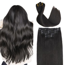 Sindra Clip-In Real Hair Extensions, Human Hair, Clip-In Hair Extensions, 14 Inches, 35 cm, 6 Pieces, 100 g, Natural Black Hair Extensions, Straight, Silky C#1B, 14 Inches