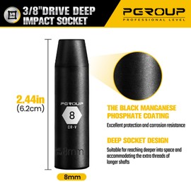PGROUP 3/8” Drive Deep Impact Socket, Metric(8mm socket), 6-Point, Cr-V Steel With Black Manganese Phosphate Coating