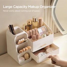 HBlife Makeup Organizer with Brush Holder for Vanity, Large Plastic Bathroom Countertop Organizer Skin Care Storage, Easy to Store Lipsticks, Nail Polishes, Perfumes, Eyeshadow Palettes, All White