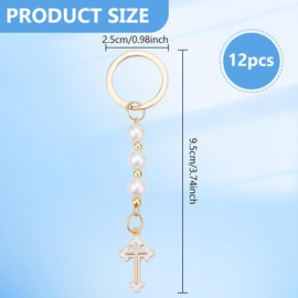 WEBEEDY 12 Sets Cross Keychain Christian Keychain Suppples Bulk Keychains Accessories with Cross Charm Pearl Beads and Keyings, Key Chain for Women Adults, Festival Christmas Baptismal Gifts, Gold,