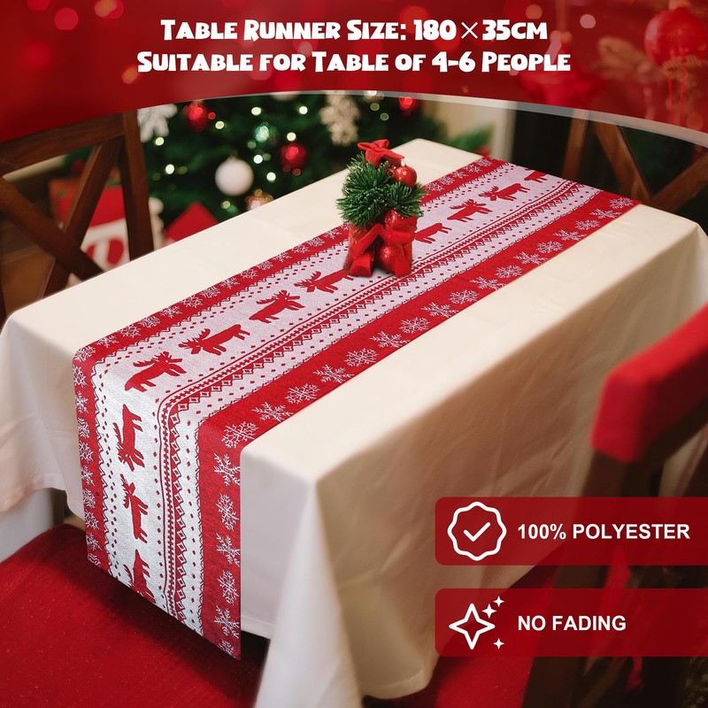 Christmas Table Runner, 35*180cm Red Table Runner with Snowflake &