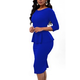 PerZeal Women's Ruched Bodycon Dresses Crewneck 3/4 Sleeve Professional Wear to Work Dress Wedding Guest Cocktail Dress Blue XX-Large