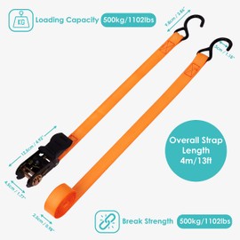 Belle Vous 2 Pack of Tie Down Ratchet Straps with S-Hooks & Rubber Handles - L4m/13ft x W25mm - 500kg/1102lbs Break Strength - Heavy-Duty Straps for Securing Cargo, Moving Appliances, & Motorcycles