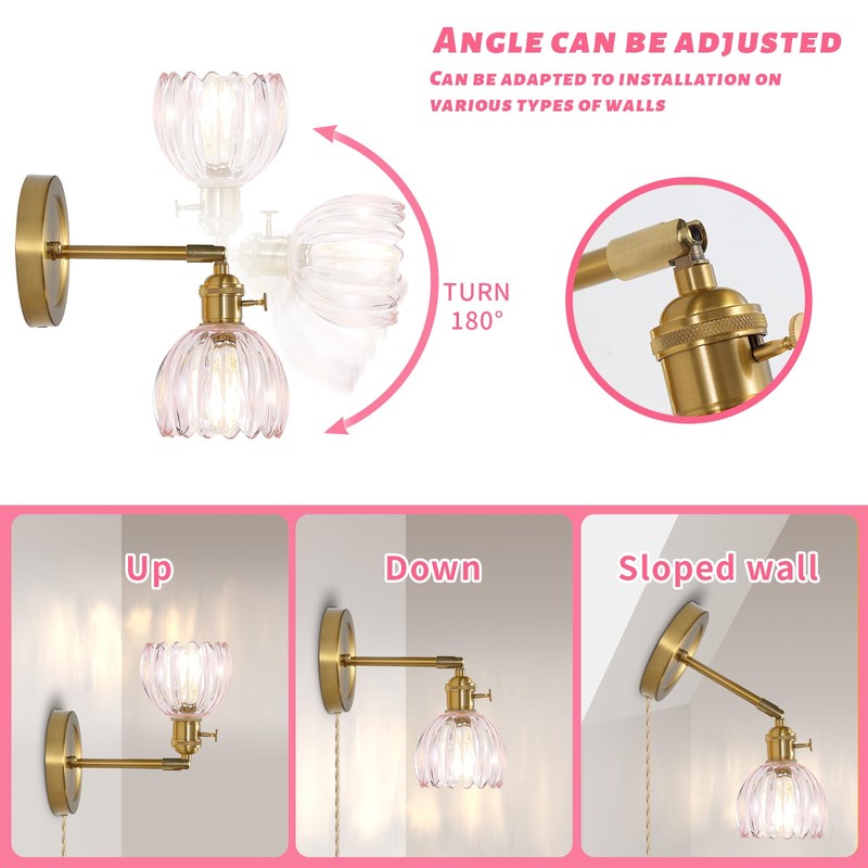Eemmwet Tulip Wall Sconces Set of 2, Pink Glass Plug