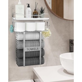 Towel Racks for Bathroom Wall Mounted - Bath Wall Towel Holder Set Above Toilet Storage, Rolled Towel Shelf Organizer for Small Bathroom, Wood Vertical Towel Rack for Bathroom Wall Decor Silver