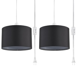 IHENGYANLT 2 Pack Plug in Pendant Light, Hanging Light with 15Ft Clear Cord, On/Off Switch, Black Fabric Lamp Shade, Hanging Light Fixture for Bedroom, Kitchen, Living Room, Dining Table