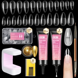 MIZHSE Gel Nail Kit, Fake Nails Long Almond, 8-in-1 Builder Gel for Nails & Portable Mini U V Light, 240Pcs Half Matte Nail Tips for Nail Extension Home DIY Nail Salon