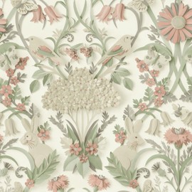 Sample Piece - Woodland Cream Pink Green Wallpaper - Animals Floral Natural 10.05m x 53cm Roll - Contemporary Sophisticated Versatile - Bedroom Dining Room Living Room