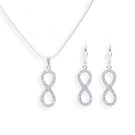 Infinity Pendant Necklace Jewelry Set, Necklace and Earrings Made of 925 Silver