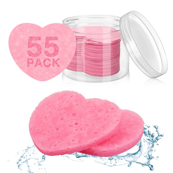 55 Pieces Compressed Facial Sponges for Estheticians, Pink Heart Face Sponges for Cleansing and Exfoliating Natural Reusable Sponges for Facials with Storage Container