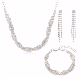 FDEETY Jewellery Set for Women Bridal Jewellery Set Crystal Bridal Necklace Pendant Earrings Bracelet Wedding Party Jewellery Rhinestone Jewellery Set Prom Costume Jewellery Set Gift for Women, Copper