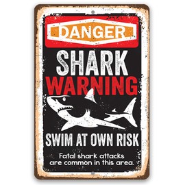 Shark Warning Swim at Own Risk - Beach Sign Metal Sign - Great for Beaches and Poolside Areas, Coastal and Nautical Wall Accessories and Gift, 8x12 Indoors/Outdoors Durable Rustic Metal Sign