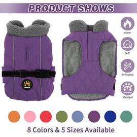 Sheripet Dog Winter Jackets, Furry Collar Winter Coats for Dogs with Fleece Lining, Reflective Winter Dog Jackets Warm Windproof Dog Coats for Large Dogs,Purple L