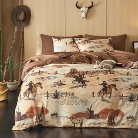 Wake In Cloud - Western Comforter Set, Cowboy Southwestern Country Vintage Native American Rustic Ranch Life, Soft Lightweight Bedding, 3 Pieces, Ochre Brown, King Size