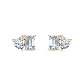 1.70 Carat Emerald & Heart Cut Lab Created Moissanite Toi Et Moi Solitaire Stud Earring For Women In 14K Yellow Gold Plated Sterling Silver (VVS1 Clarity,1.70 Cttw)