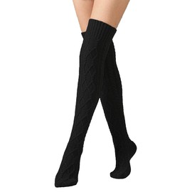 Women's Cable Knitted Thigh High Socks Extra Long Winter Stockings Knee High Leg Warmers Black