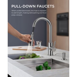 FORIOUS Kitchen Faucet with Soap Dispenser Chrome, Single Handle Stainless Steel Transitional Sink Faucet with Pull Down Sprayer 1 or 3 Hole, Suitable for Farmhouse Laundry Camper RV Bar