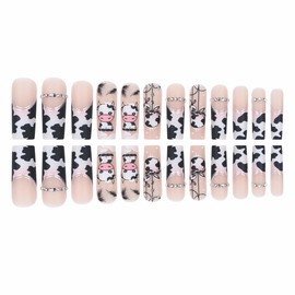 MERVF Long Square Press on Nails French Tip Fake Nails Press ons Cow Print Glue on Nails with Rhinestones Design Squoval Cute Acrylic False Nails Matte 24pcs
