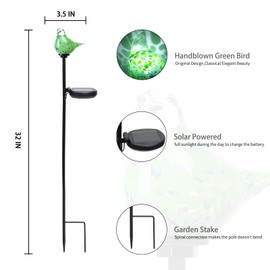 Bshine Solar Garden Decoration Outdoor Green Bird Lights, 2PCS Hand Blown Glass Hummingbird Waterproof Solar Light Stake Decorate Paths, Pathways, Lawns and Yards Art for Mom, Father's Day Gifts