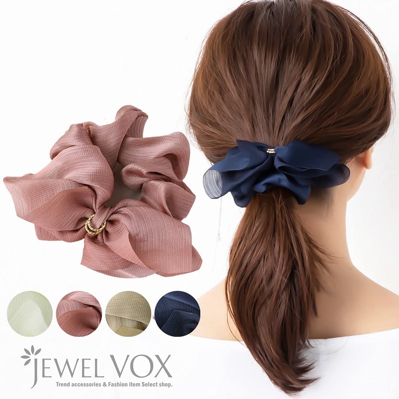 JewelVOX Women's Scrunchie Hair Elastic Ribbon Motif (Navy)