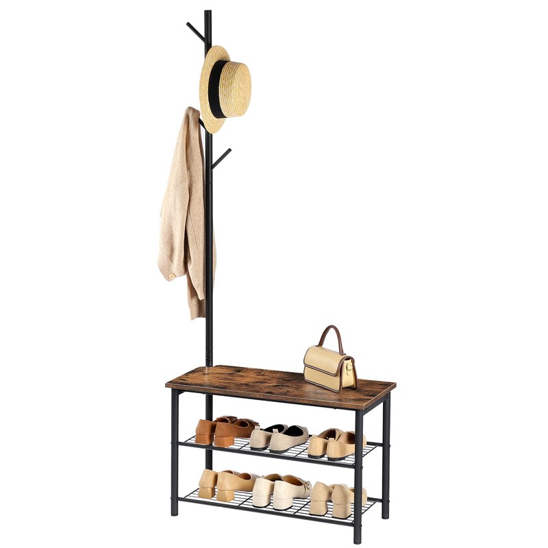 HOOBRO Coat Rack Shoe Bench, 3-Tier Shoe Rack, Industrial Shoe