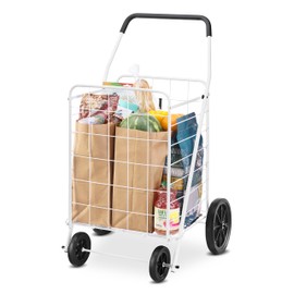 Whitmor Deluxe Utility Foldable Shopping Cart with Wheels, 100 Lb Capacity, Heavy Duty Grocery Cart with Steel Frame, Foam Handle, Rolling Folding Utility Trolley for Grocery, Laundry, Travel, White