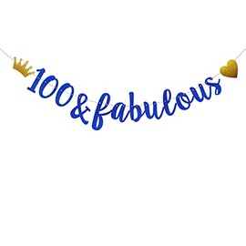 100 & Fabulous Banner,Pre-Strung,No Assembly Required,Funny Blue Paper Glitter Party Decorations for 100th Birthday Party Supplies, Letters Blue,ABCpartyland