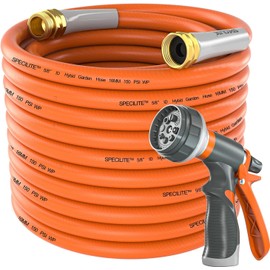 SPECILITE Garden Water Hose 150 ft x 5/8 in Heavy Duty, Flexible and Lightweight, Burst 600 psi, Kink-less Hybrid Rubber Pipe for Backyard, 3/4'' Brass Fittings, Orange