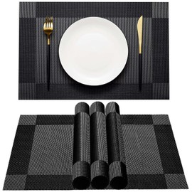 AHHFSMEI Placemats for Dining Table Set of 4 Woven Vinyl Plastic Place Mats Non-Slip Heat Insulation Stain Resistant Table Mats Washable Easy Clean Placemats (Black Corner 4)