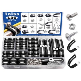 Taiss 136pcs Cable Clips Kit, 10 Sizes 304 Stainless Steel Pipe Clamp with Rubber Insert 6mm/8mm/10mm/13mm/16mm/19mm/25mm/32mm/38mm/45mm R-shaped Pipe Clamps (with Two Types of Screws)