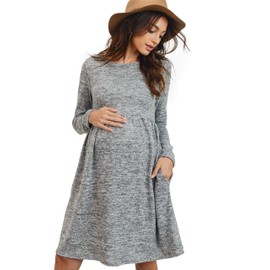 HELLO MIZ Women's Maternity Sweater Knit Dress with Pocket (Heather Gray, M)