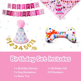 Pacific Pups Dog Birthday Decorations Set - Dog Birthday Hat, Dog Birthday Bandana, Squeaky Toy, Happy Birthday Dog Birthday Banner, Dog Party Hat, Support a Noble Cause (Pink Sparkly Paw Prints)