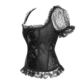 Zhitunemi Women's Princess Renaissance Corset Lace Ruched Sleeves Elegant Overbust Top Large Black