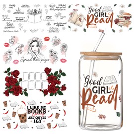 Rub On Transfers for Crafts - 5 Pcs UV Dtf Cup Wraps for 16 Oz Including Coffee Rose Flower Books Chili Design Waterproof Stickers for Furniture Glass Cup Home School Office DIY Crafts