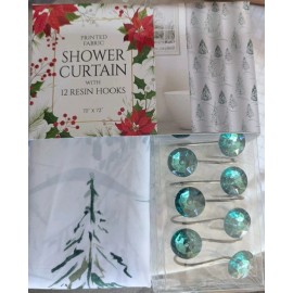 Unbranded Christmas Shower Curtain Set  Fabric 70x72 Inch With Green Emerald Hocks New!