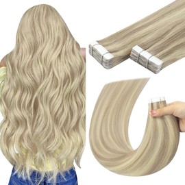 YoungSee Blonde Tape in Hair Extensions Human Hair 14 Inch Blonde Tape in Extensions Blonde Highlight Tape in Hair Extensions 20pcs Real Hair Extensions for Women Tape in Ash Blonde with Blonde 50g