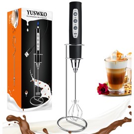 YUSWKO Black Handheld Milk Frother Wand with Stand for Coffee, Rechargeable Electric Whisk with 3 Heads 3 Speeds Drink Mixer Coffee Frother For Latte, Cappuccino, Hot Chocolate, Egg