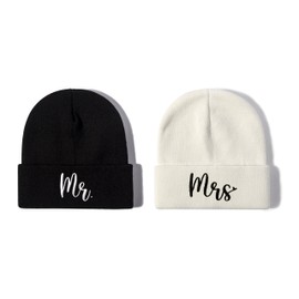 Enodtter Embroidered Mr Mrs Beanie Hats, Black White Winter Warm Knitted Knit Hat for for Couple, Newlywed Honeymoon Wedding